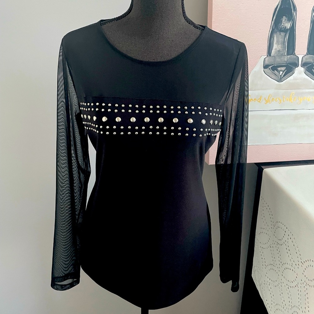 INC Mesh Long Sleeve Top with Studded Detail